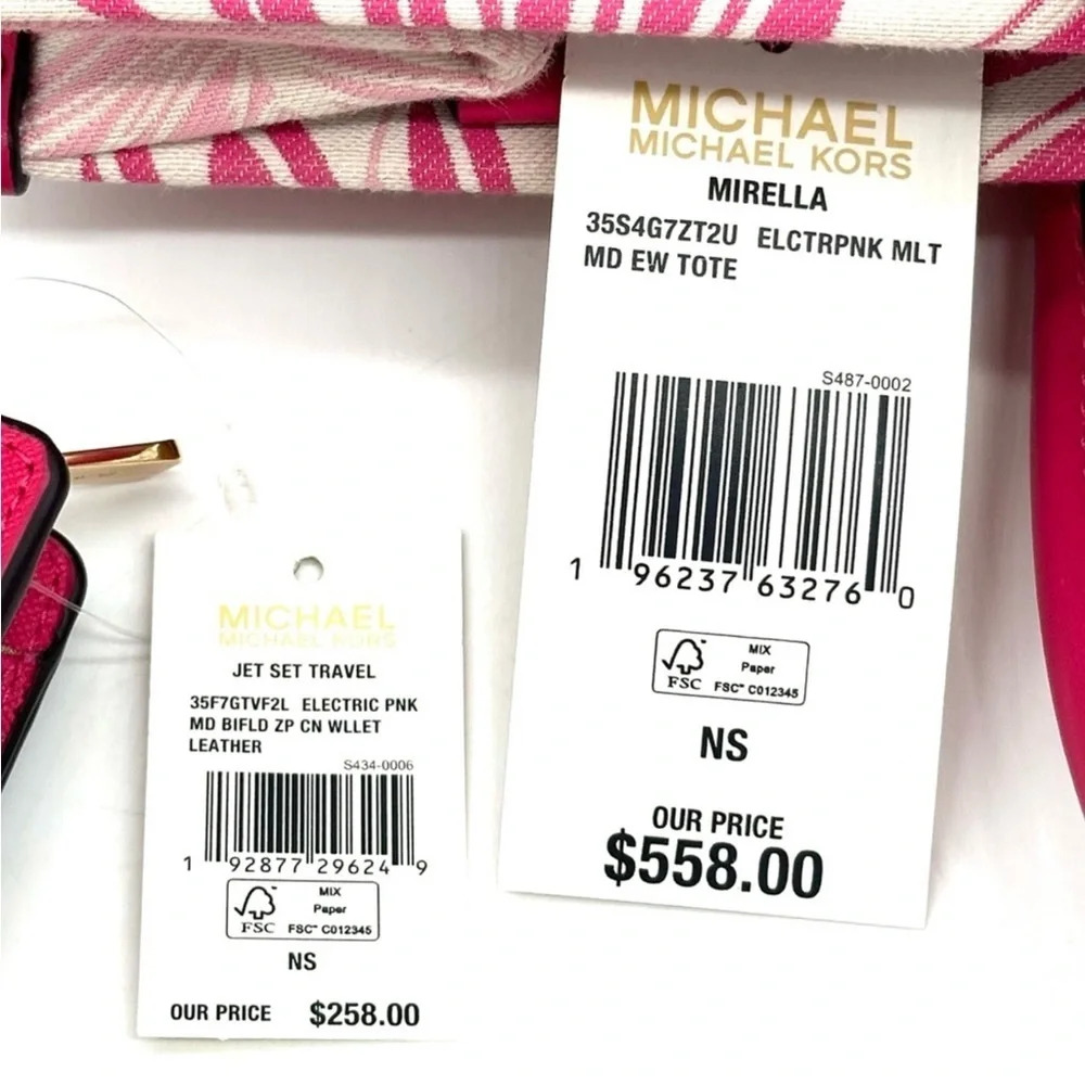 Michael Kors Medium Mirella Tote Bag & Medium Bifold Zip Chain Wallet Pink Multi - Picture 14 of 14